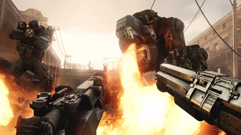 Персонажи в игре Wolfenstein II: The New Colossus сражаются с гигантским роботом, который извергает огонь