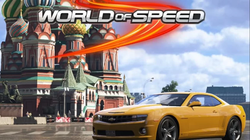 World of Speed — гонки с ярким Camaro и Москвой в фоновом режиме Обложка игры World of Speed с жёлтым Camaro на фоне Собора Василия Блаженного