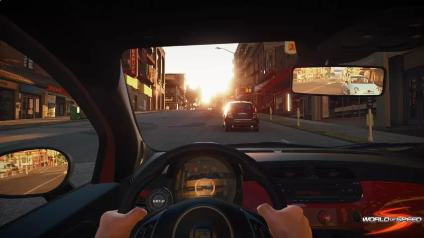 Вид от первого лица из машины в игре World of Speed, с видом на улицу и задний вид машины