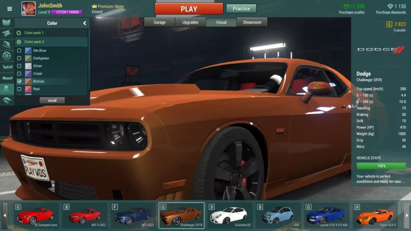 Меню выбора машины в игре World of Speed с Dodge Challenger SRT8 на переднем плане