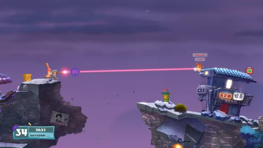 Червячок с лазерным пистолетом против вражеского укрытия в Worms W.M.D — классика разрушений