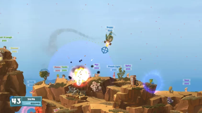 Червячки в атаке, и тут на помощь приходит вертолёт с бомбой в Worms W.M.D