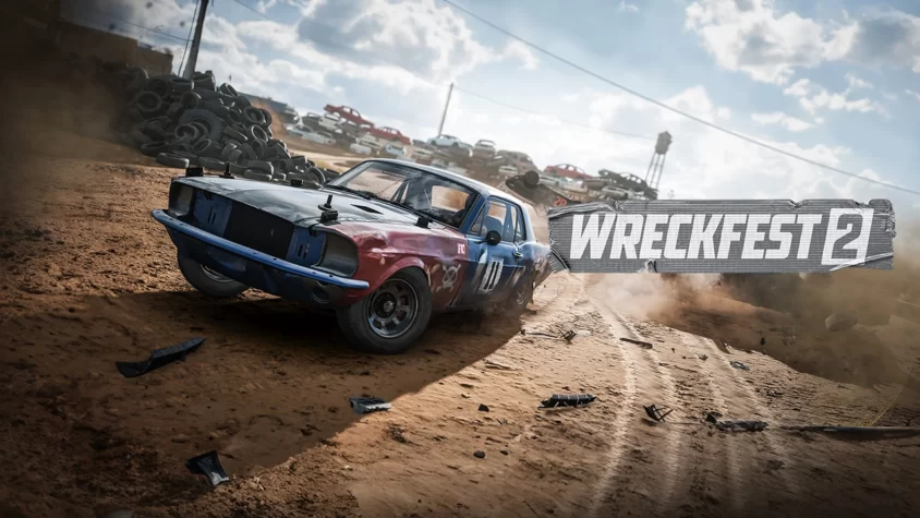 Обложка игры Wreckfest 2 с разрушенной машиной на фоне свалки автомобилей