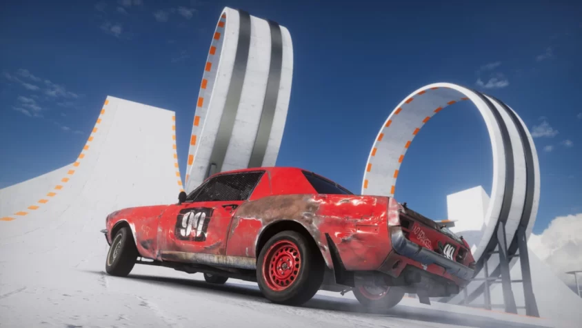 Машина на финишной прямой в Wreckfest 2, проходящая через гигантские петли