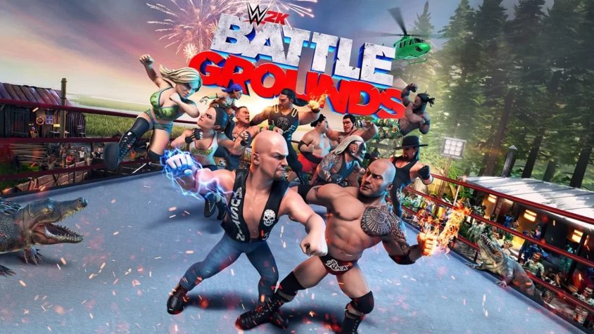 Обложка игры WWE 2K Battlegrounds, на которой изображены персонажи, сражающиеся на арене с элементами разрушения и экшеном