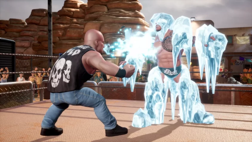 Персонажи WWE 2K Battlegrounds в бою на ринге, где один из бойцов замораживает другого с помощью льда
