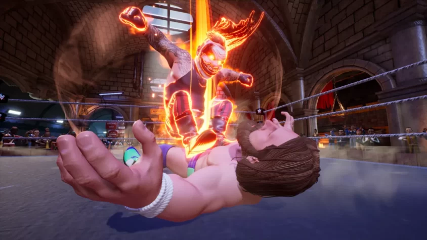 Персонажи WWE 2K Battlegrounds в динамичном бою, где один из бойцов атакует с огненной силой