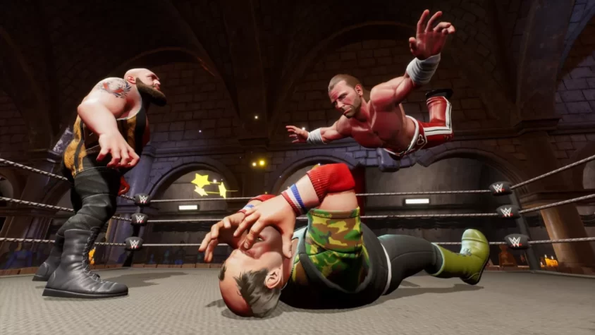 Персонажи WWE 2K Battlegrounds в яростном бою на ринге с захватывающими прыжками и ударами