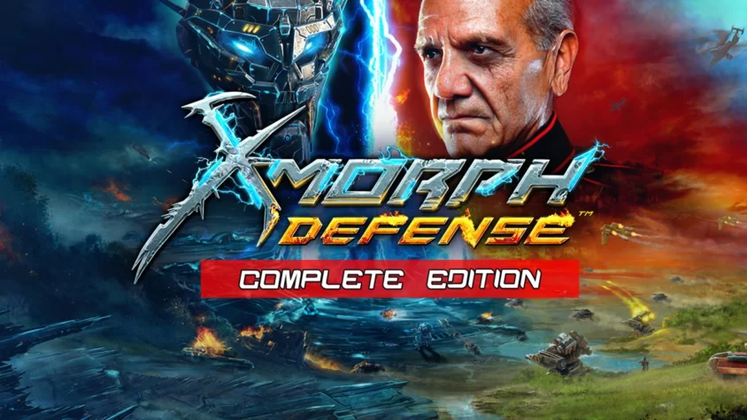 Обложка игры X-Morph: Defense, сражение на фоне разрушенных ландшафтов и футуристической техники