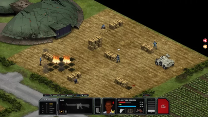 Вид на поле боя в Xenonauts, где солдаты сражаются с инопланетянами, а техника пытается не подгореть