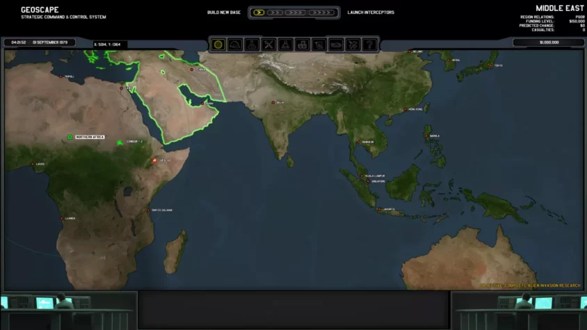 Глобальная карта в Xenonauts, где игрок решает, куда отправить свои войска, чтобы противостоять инопланетным захватчикам