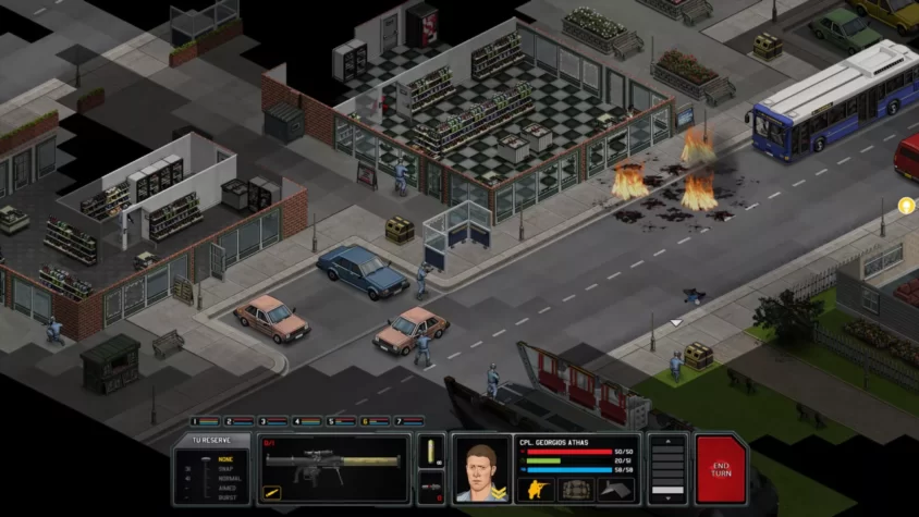 Городская улица в Xenonauts, где солдаты сражаются с инопланетянами, а вся цивилизация выглядит как после концерта металл-группы