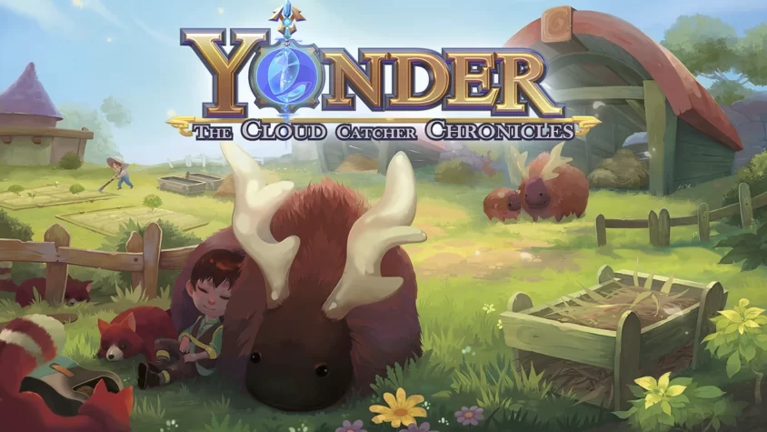 Yonder: The Cloud Catcher Chronicles - Обложка игры Обложка игры Yonder: The Cloud Catcher Chronicles, на которой изображены милые существа и персонажи, работающие в саду