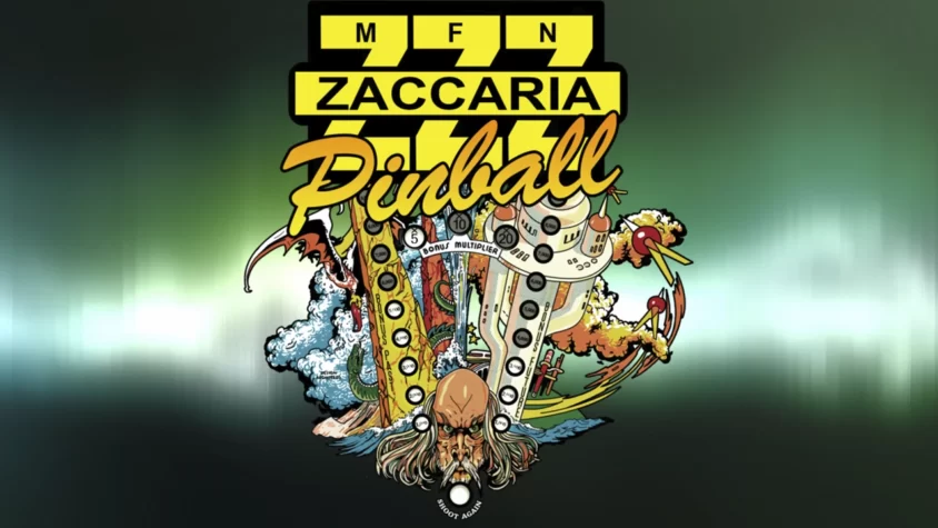 Обложка игры Zaccaria Pinball с яркими графическими элементами и забавным дизайном