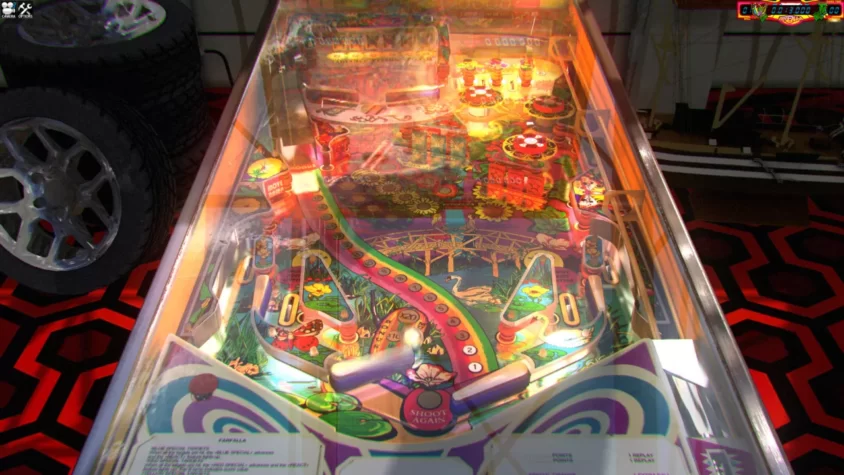 Игровое поле Zaccaria Pinball с яркими цветами и элементами природы, в окружении других объектов