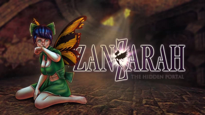 Обложка игры Zanzarah: The Hidden Portal Фея с бабочковыми крыльями грустит на фоне логотипа Zanzarah