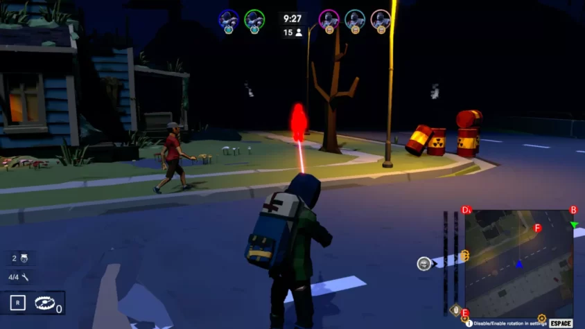 Персонаж с рюкзаком в игре Zombie Within использует лазерный прицел, чтобы нацелиться на зомби