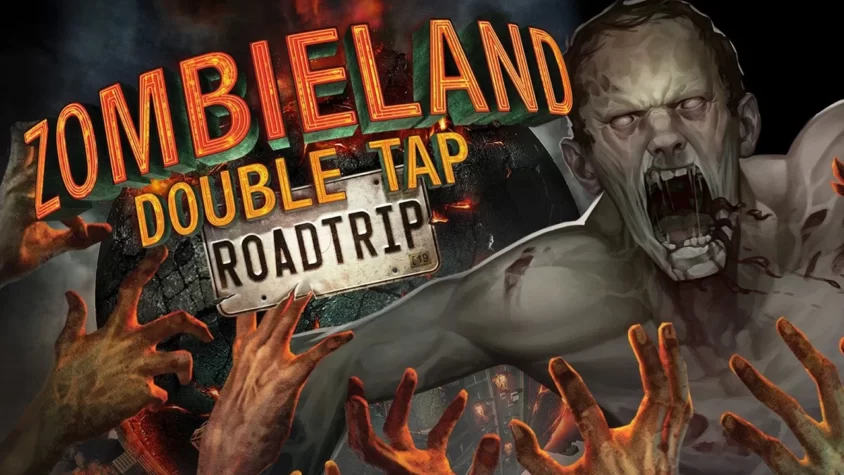 Zombieland: Double Tap - Road Trip Обложка игры Zombieland: Double Tap - Road Trip с разъярённым зомби и множеством разрушающихся объектов на фоне