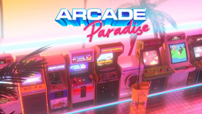 Обложка Arcade Paradise с аркадными автоматами и неоном как из сна подростка 90-х