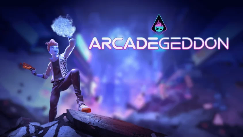 Главный герой Arcadegeddon с лицом полной решимости и фаерболом в руке готов спасти последний аркадный автомат в галактике
