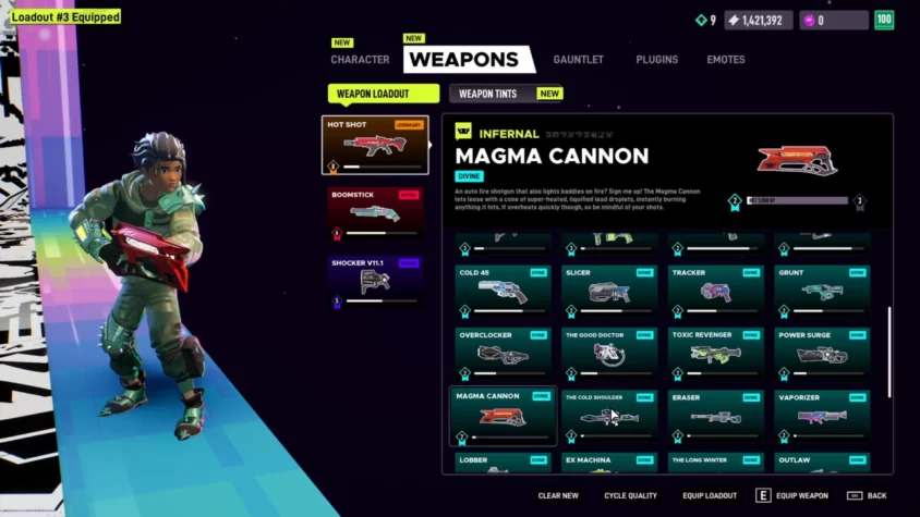 Меню выбора оружия в Arcadegeddon, где игрок завис над выбором между 'бум' и 'очень бум'