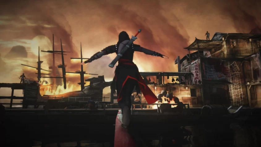 Героиня Assassin’s Creed Chronicles: China балансирует на балке перед горящим портом