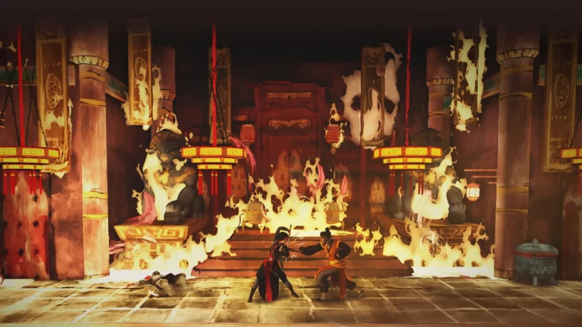 Ассасин сражается с врагом в пылающем храме в Assassin’s Creed Chronicles: China