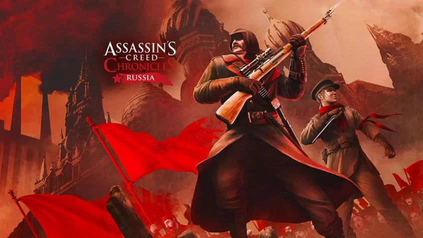 Обложка Assassin’s Creed Chronicles: Russia с героем в центре Главный герой в плаще с винтовкой на фоне революционной Москвы