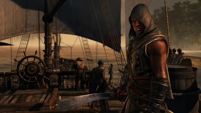 Адевале с мачете на фоне команды и корабля в Assassin’s Creed Freedom Cry