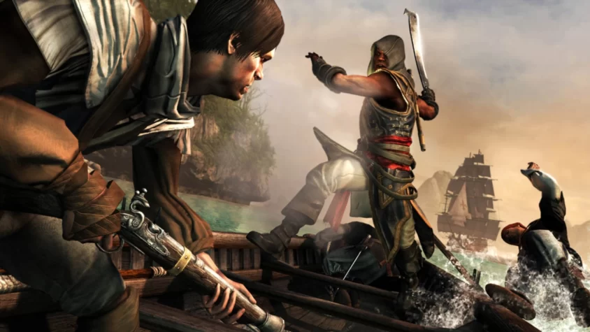 Адевале атакует врагов в лодке с мачете в Assassin’s Creed Freedom Cry