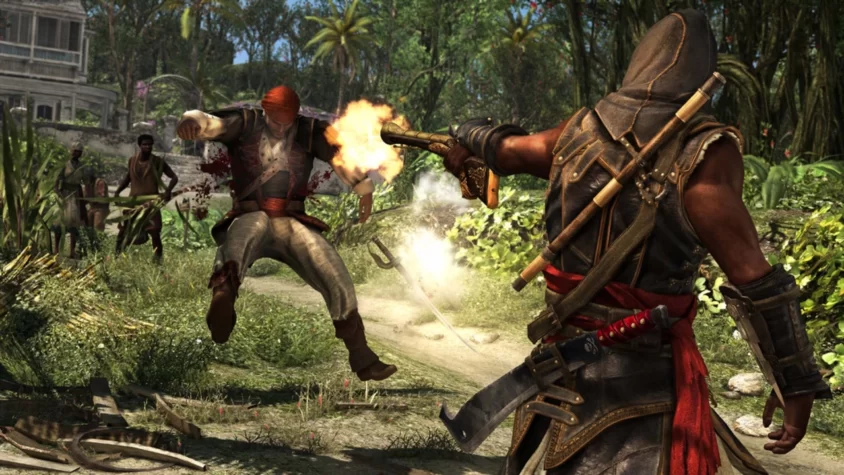 Адевале стреляет в противника на фоне тропического поселения в Assassin’s Creed Freedom Cry