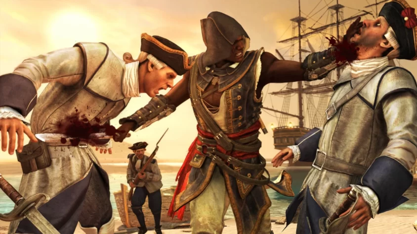 Адевале расправляется с солдатами у берега в Assassin’s Creed Freedom Cry