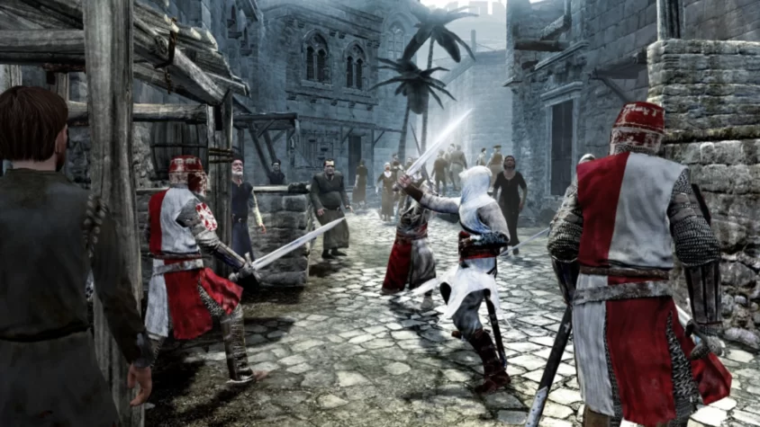 Альтаир сражается с крестоносцами на узкой улице в Assassin’s Creed