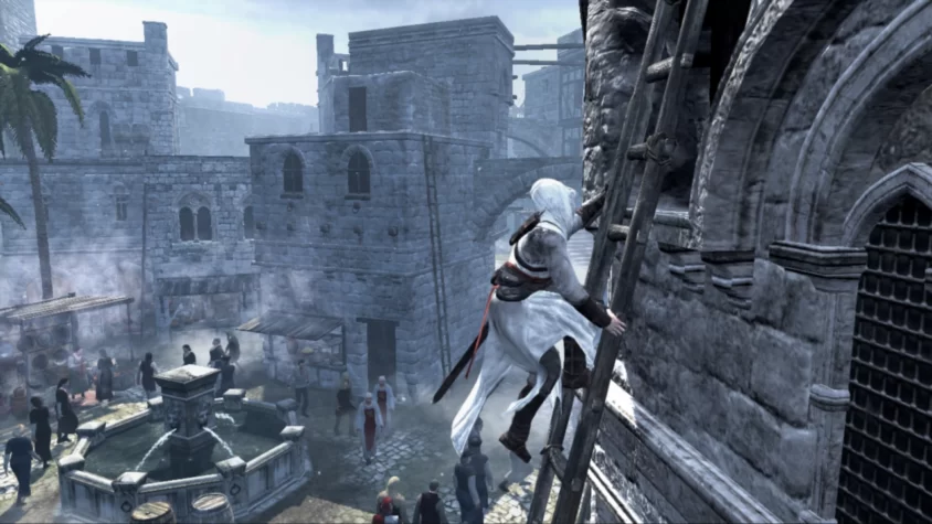 Альтаир карабкается по лестнице на здание в центре города в Assassin’s Creed