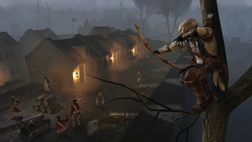 Геймплей Assassin's Creed III, главный герой стреляет из лука с дерева