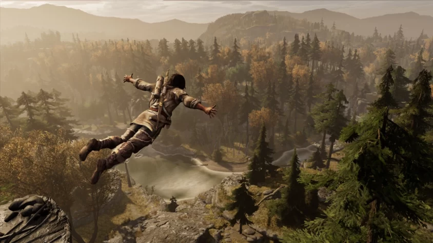 Геймплей Assassin's Creed III, главный герой прыгает с высокой скалы