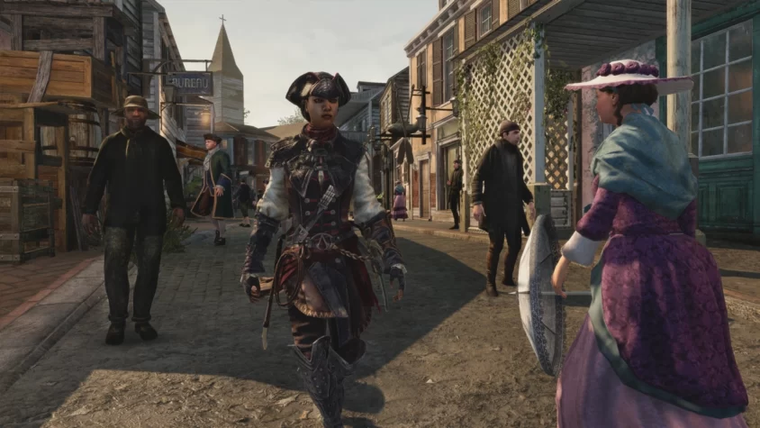 Геймплей Assassin's Creed III, персонаж идет по улице, окруженный горожанами