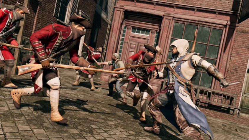 Геймплей Assassin's Creed III, главный герой сражается с несколькими солдатами