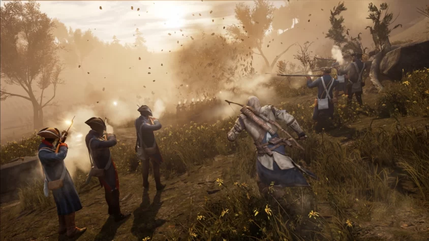 Геймплей Assassin's Creed III, сражение с солдатами, дым от выстрелов