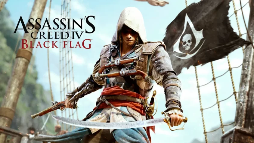 Assassin’s Creed IV Black Flag - Главный герой Эдвард Кенуэй стоит на палубе корабля с саблями наперевес, на фоне пиратского флага и моря
