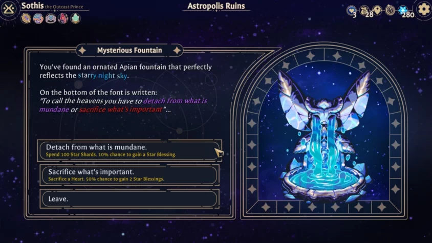 Фонтан в Astrea: Six-Sided Oracles предлагает выбрать между жертвой здравого смысла или просто всех своих ресурсов
