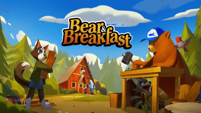 Обложка Bear and Breakfast с медведем в бейсболке, строящим стол в лесу