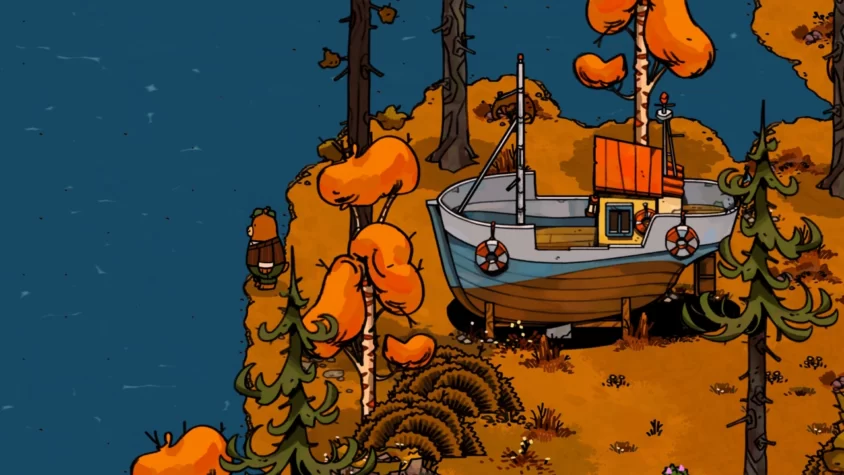 Медведь стоит у лодки на берегу осеннего леса в Bear and Breakfast
