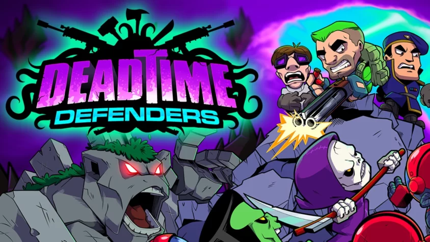 На обложке Deadtime Defenders отчаянные герои с пулемётами сражаются с армией скелетов, зомби и каменными големами на фоне кислотного неба