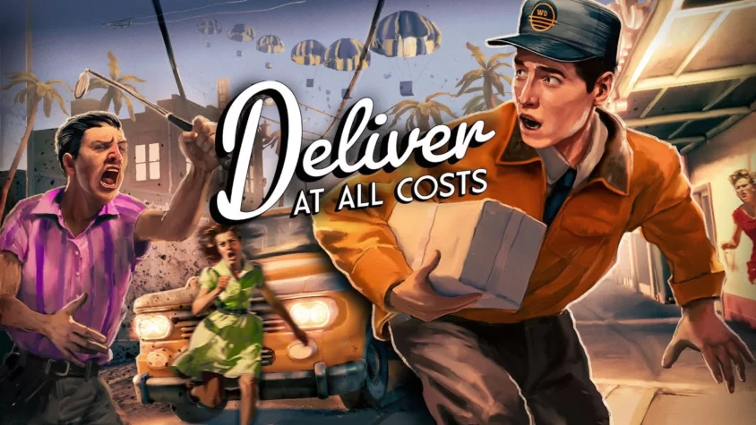 Обложка игры Deliver At All Costs с абсурдной курьерской драмой Курьер в панике убегает от разъярённой толпы, сжимая посылку, как будто в ней секрет вечной молодости