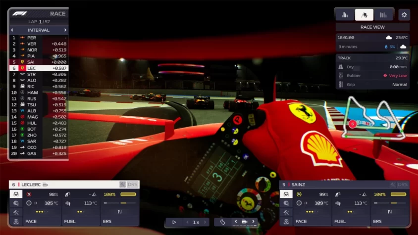 Вид из кокпита Ferrari в F1 Manager 2024: огни трассы, кнопки на руле и вопрос в голове — а что, если сейчас всё получится