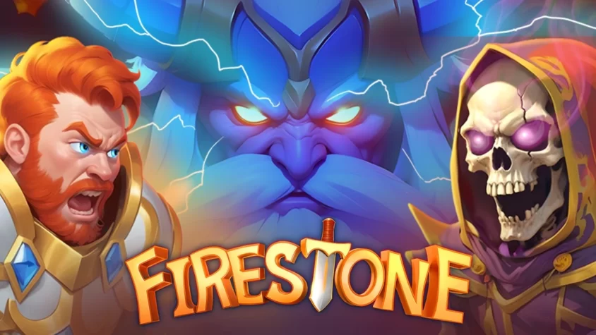 Эпическая обложка Firestone: Online Idle RPG с громами, скелетами и криками Герой с огненной бородой, угрожающий скелету с фиолетовыми глазами, а над ними — громовая физиономия бога гнева