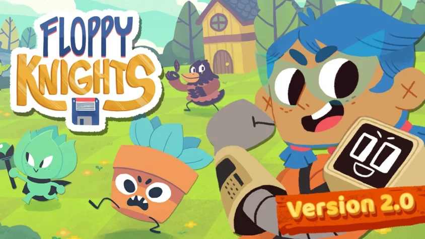 Обложка игры Floppy Knights с версией 2.0 и яркими персонажами Главная героиня с синими волосами, ожившие растения и картонная армия на заднем плане