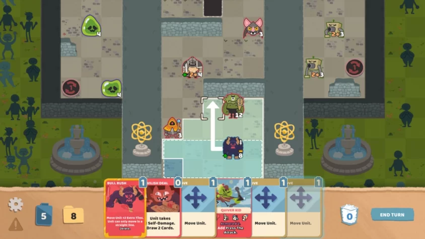 Сражение в лабораторных руинах в Floppy Knights с уникальными картами Тактическое поле с врагами, стрелками передвижения и колодой с картами действий