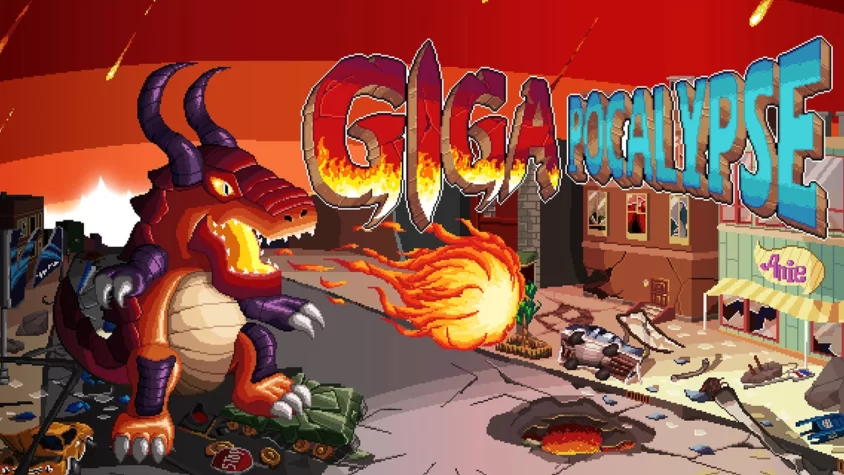 Обложка игры Gigapocalypse с пиксельным монстром и разрушенным городом Гигантский монстр устраивает фаер-шоу в стиле ретро на улицах пиксельного апокалипсиса